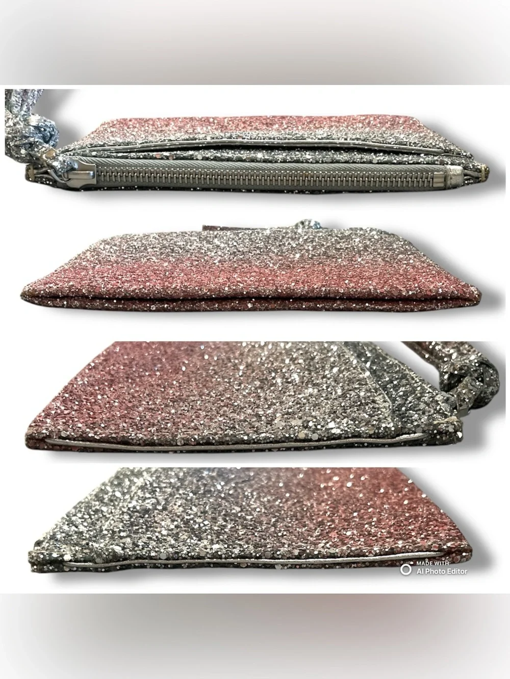 Katherine Kwei Silver Pink Ombre Glitter Leather Lila Pouchette Clutch Bag NWT
